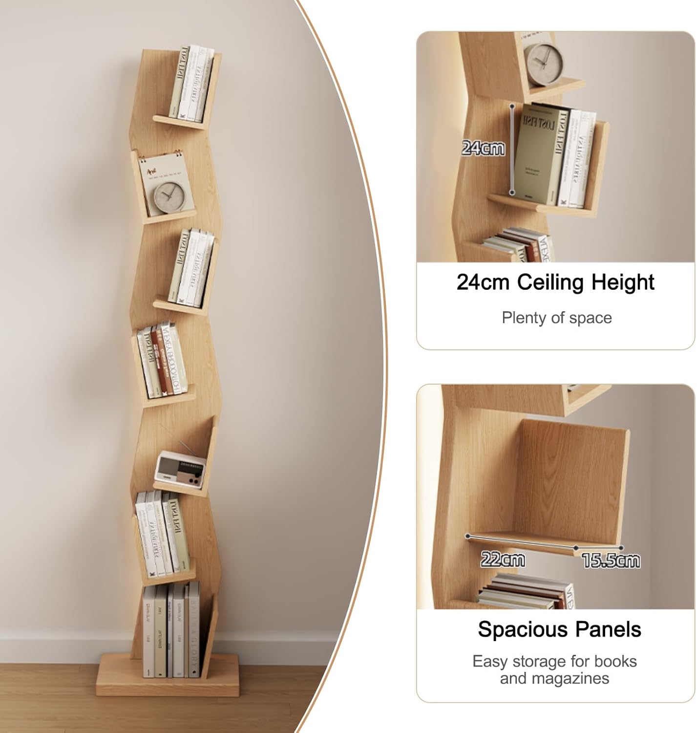 5/6-Tier Wooden Open Bookcase - Tall Modern Display Storage Shelf, Modern Corner Bookshelf Library Industrial Shelving Book Shelf(Brown,154cm/60.6in)