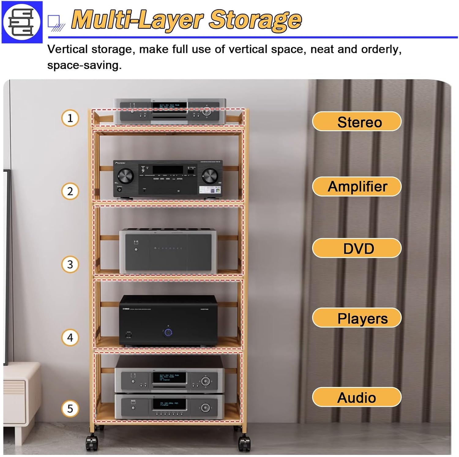 2 3 4 5 Tier Stereo Components Rack/Cabinet, Portable Rolling Media Stand, Freestanding Record Player Console Shelf, for Home Office Bedroom Classroom, Heavy Duty Bamboo,L 50cm H 3 Tier 88cm