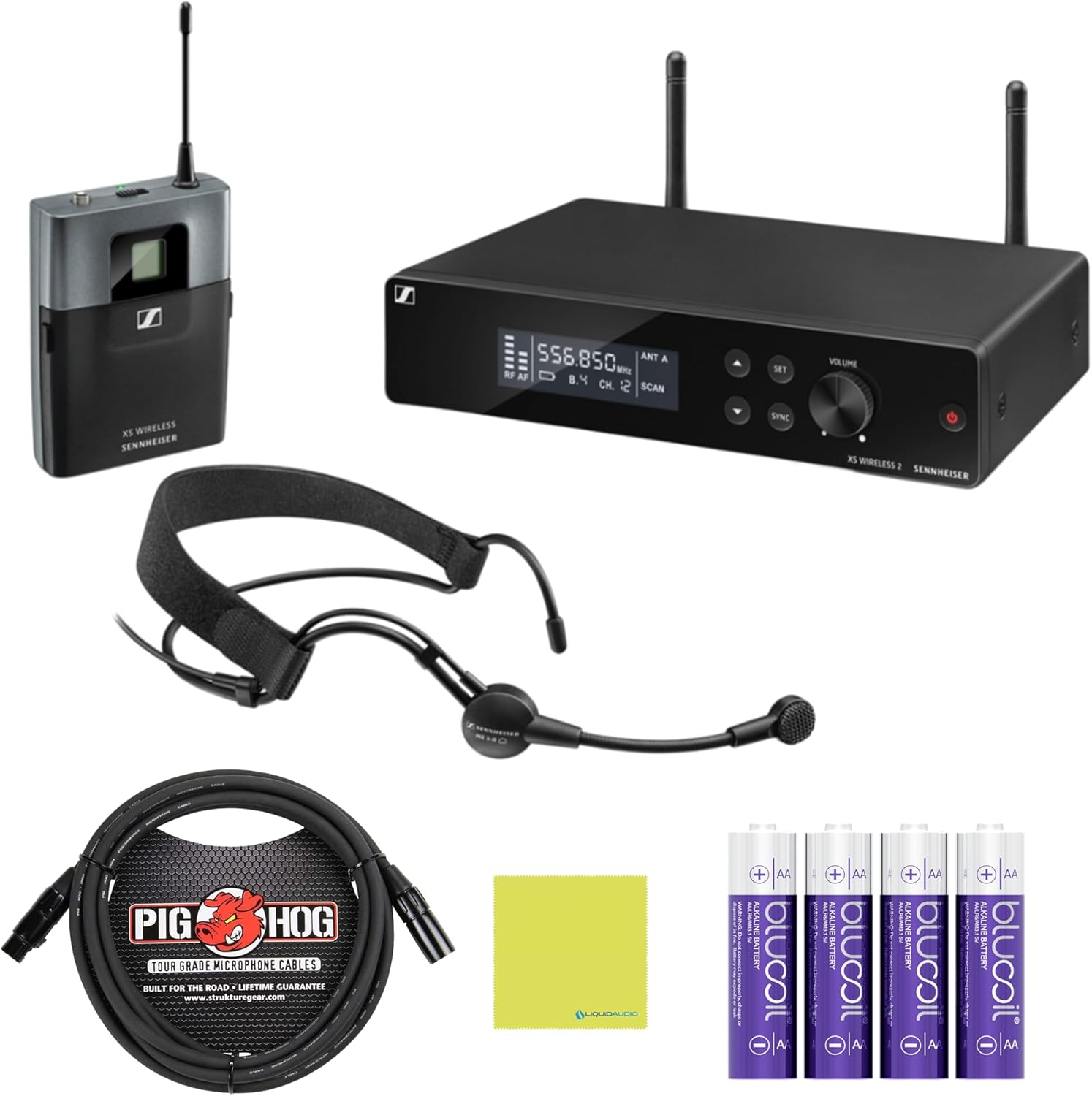 Sennheiser XSW 2-ME3-A Wireless Headworn Microphone System Bundle w/Pig Hog PHM10 8mm Mic Cable, 4-pack Blucoil AA Batteries and Liquid Audio Polishing Cloth