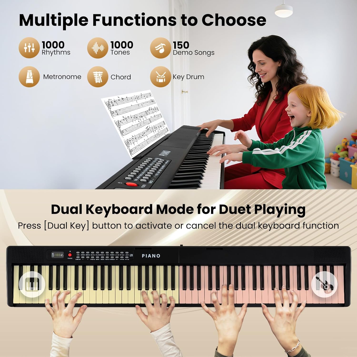 HONEY JOY 88 Key Keyboard Piano, Folding Full Size Semi-weighted Digital Piano w/ 1000 Timbres, 1000 Rhythms, MIDI USB, Sustain Pedal, Lights, Microphone, Portable Electric Piano for Beginners