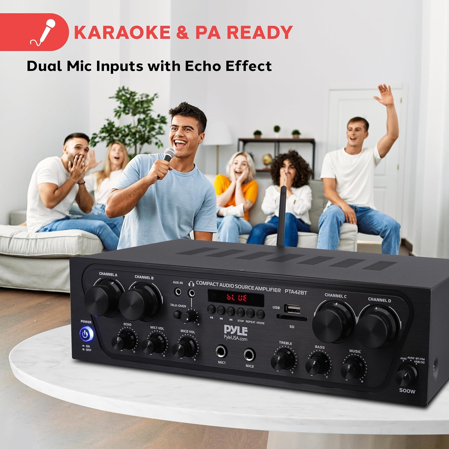 Pyle PTA42BT Wireless Karaoke Bluetooth Stereo Receiver - 4 Channel Power Amplifier w/USB,2 Microphone Input w/ Echo,Talkover for PA Great for Home Speaker System,Black