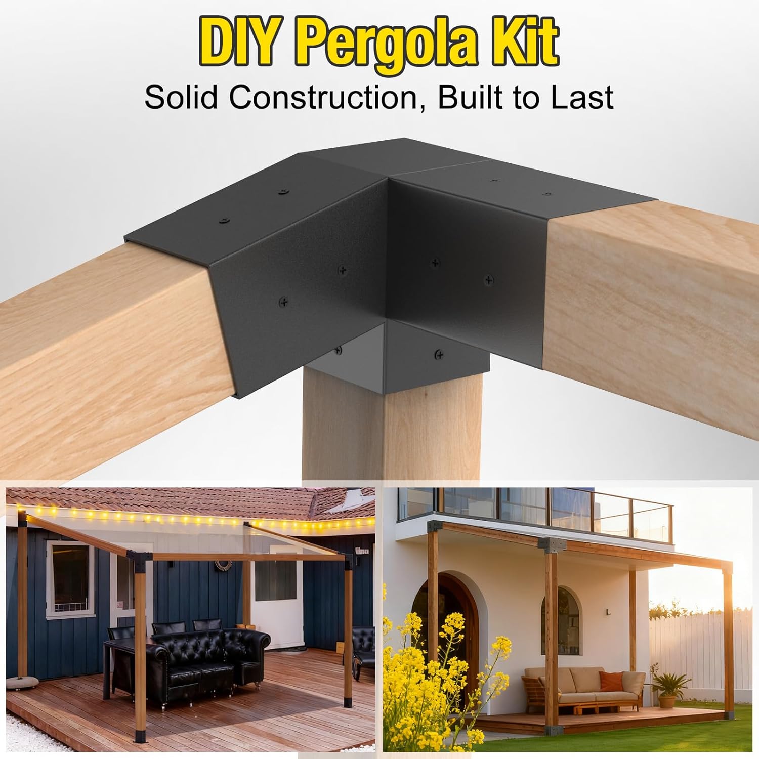 8PCS 15° Slanted Roof Pergola Brackets, 3-Way Roof Wall Mount Extension Pergola Kit, 4''x4'' Wood Post Base Bracket, Corner Bracket for Gazebos, Patio Pergolas, Log Cabin