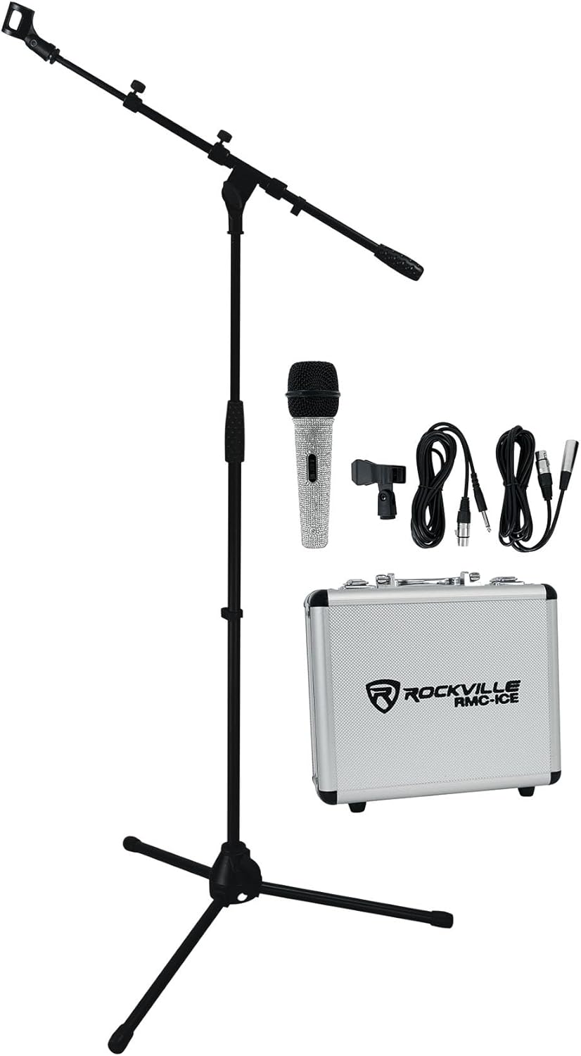 Rockville RMC-ICE Bundle: Pro Diamond Vocal Microphone with Case and Cable, RVMIC1 v2 Tripod Mic Stand with Telescopic Boom, Metal Joints, Adjustable Height 36–63