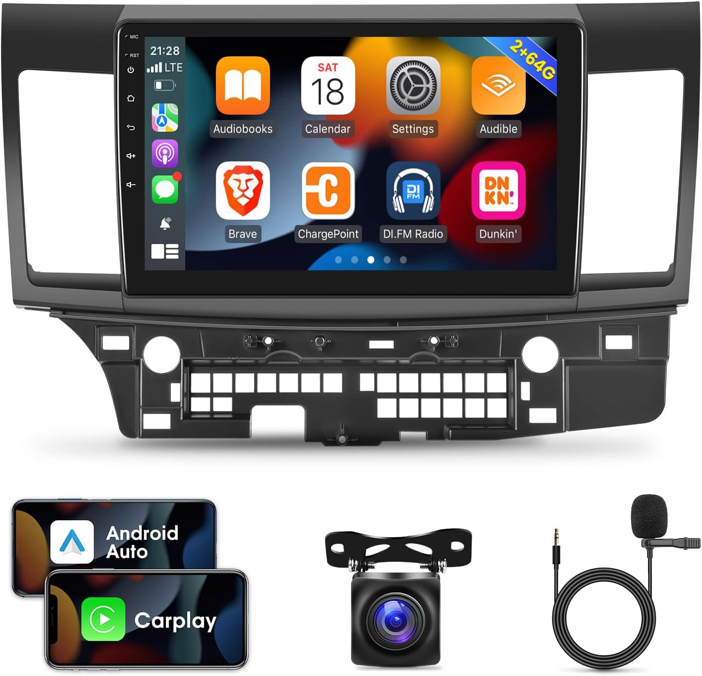 [2G+64G] Car Radio for Mitsubishi Lancer 2008-2017, 10.1 inch Android 13 Touch Screen Stereo, Carplay/Android Auto/Hi-Fi Audio/1080P/SWC/Bluetooth + AHD Backup Camera + MIC