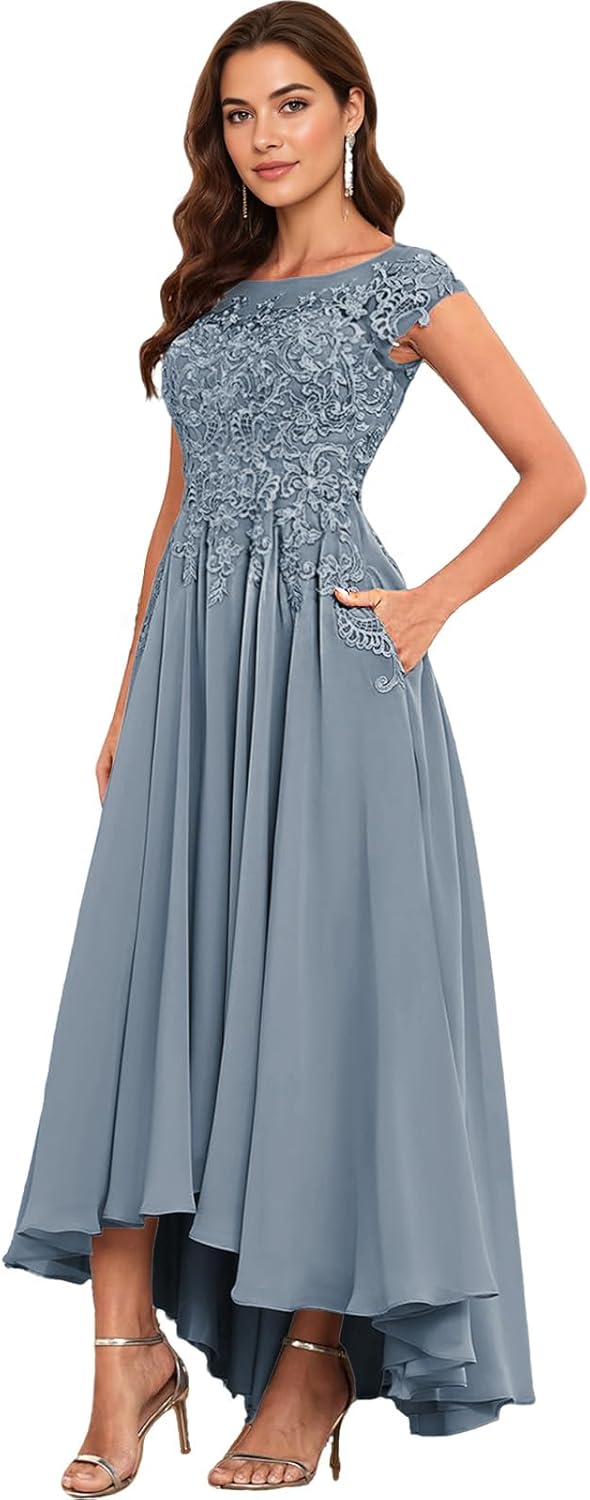 Lace Applique Chiffon Mother of The Bride Dresses for Wedding - Tea Length Formal Evening Gown for Women