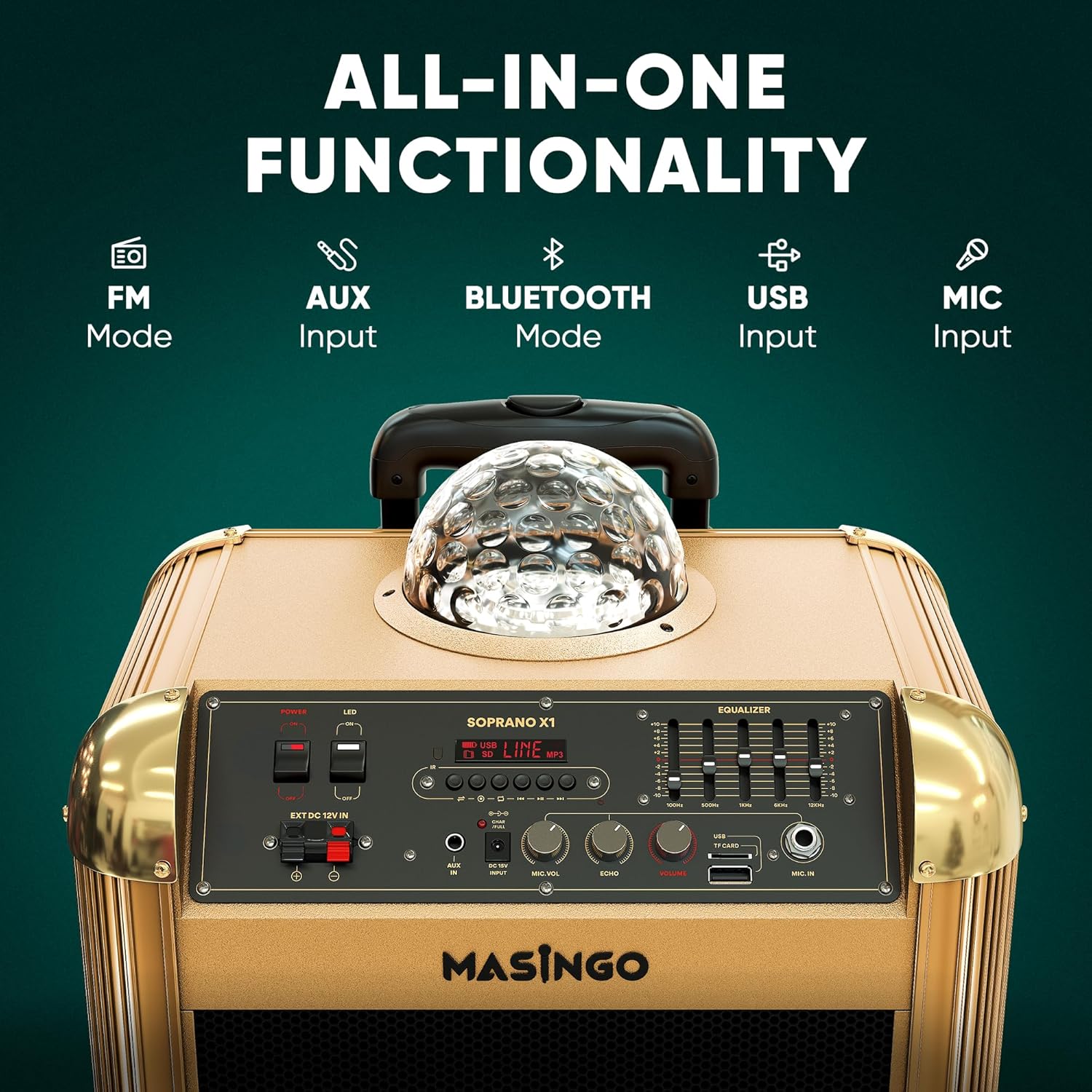 MASINGO Karaoke Machine for Adults and Kids with 2 Bluetooth Wireless Microphones. Portable Singing PA Speaker System with Disco Ball Lights, Lyrics Display Tablet Holder & TV Cable. Soprano X1 2.0