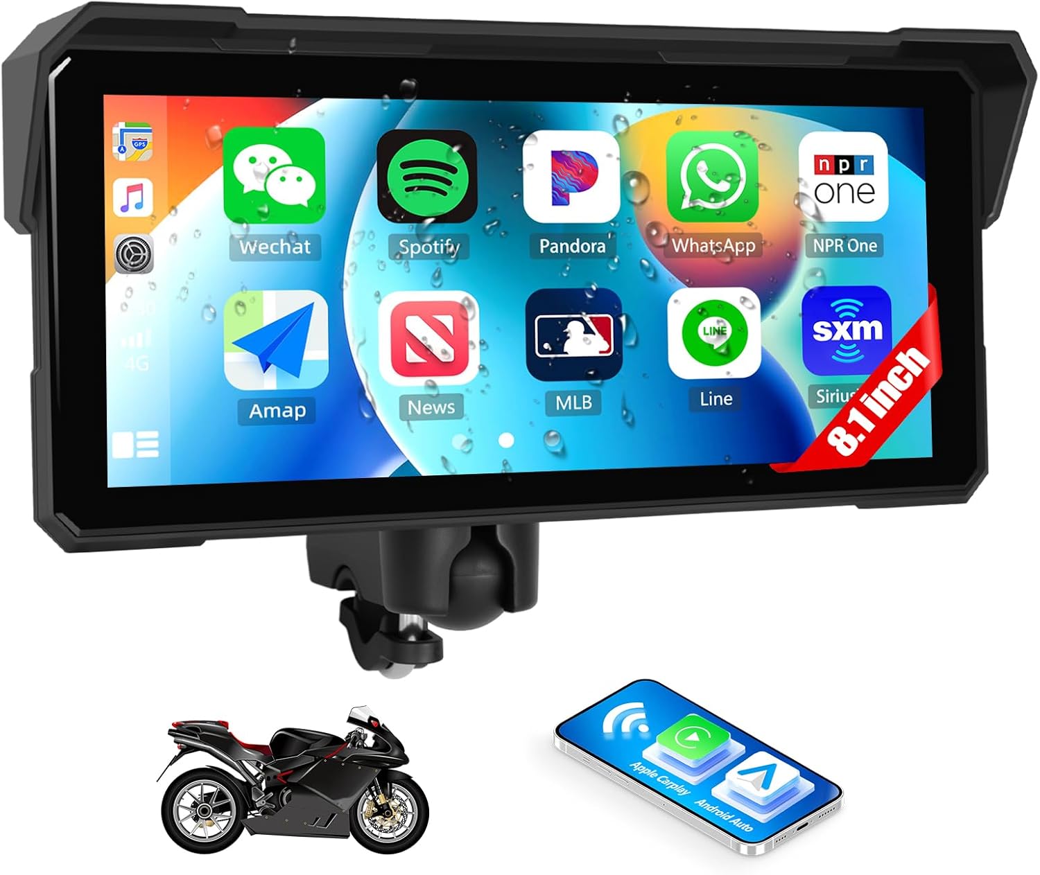 8.1 Inch IPS Waterproof Portable CarPlay Screen for Motorcycle with Wireless CarPlay&Android Auto,GPS Displa,Bluetooth,TF Port,Support Siri,12V Power Supply