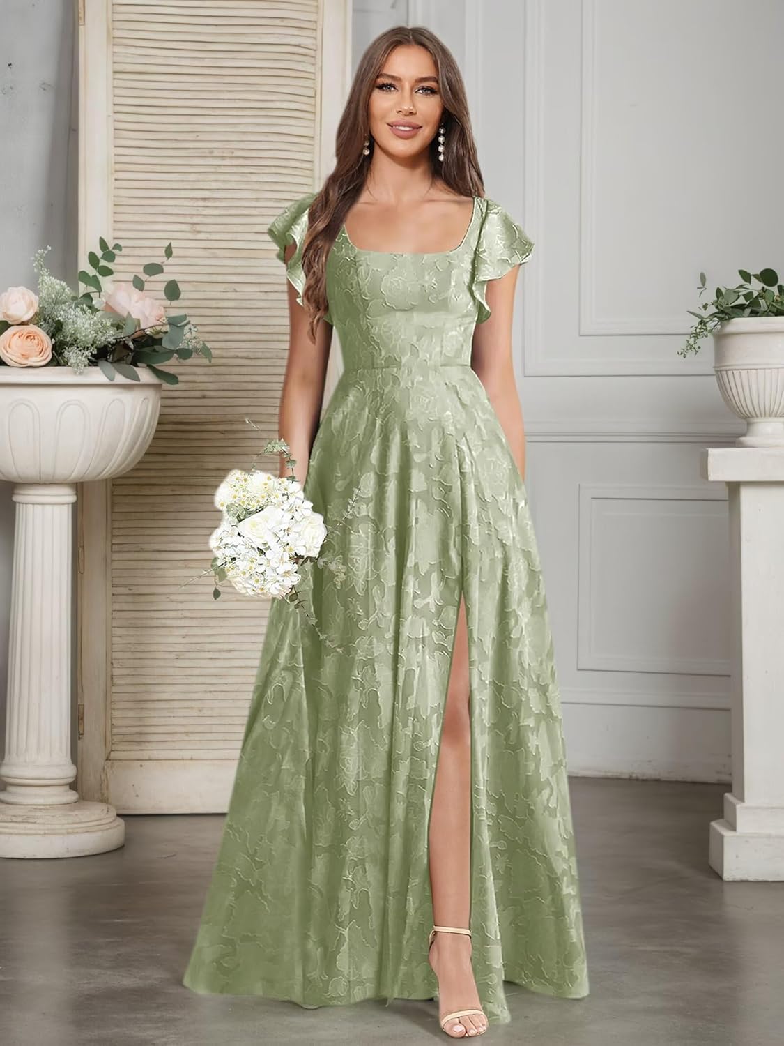 Floral Bridesmaid Dresses Long Square Neck Short Sleeve Formal Evening Gowns with Slit