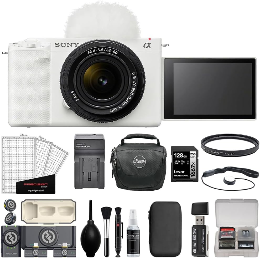 Sony ZV-E1 Mirrorless Camera with 28-60mm Lens | White Bundle with 128GB Card + Hollyland Lark M2 Duo 2-Person Wireless Mic System + Card Reader + Charger + Camera Bag + Cleaning Kit (12 Items)