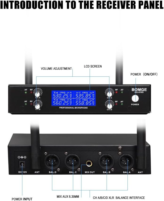 BOMGE Pro Wireless Microphone System, 4-Channel UHF Wireless Mic, Cordless Mic with 4 Handheld Dynamic Microphones, 260ft Range, Microphone for Singing,Church,Karaoke,Party (410U-4 Handheld)
