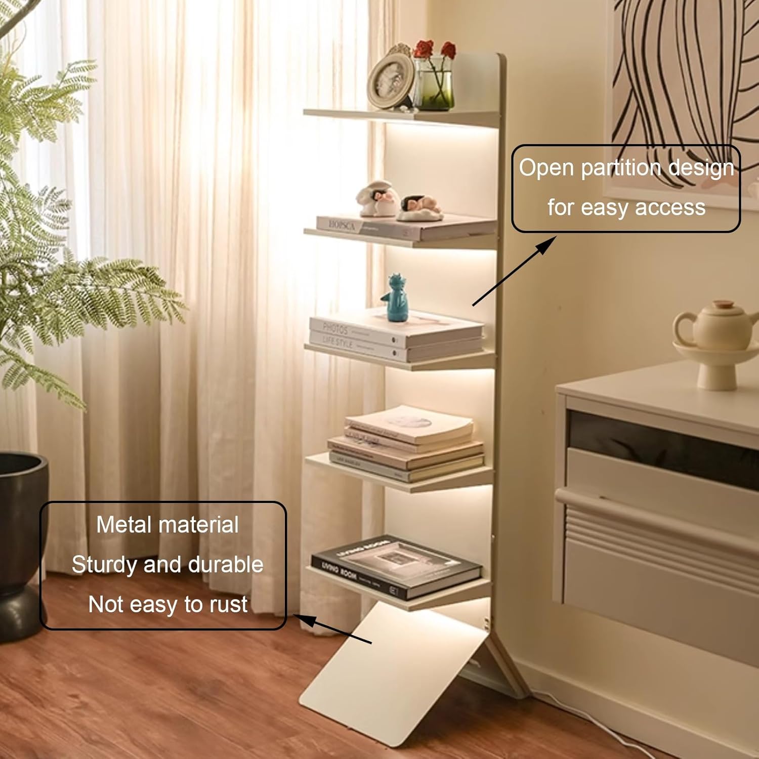 Modern Vertical Bookshelf Tower, Free Standing Bookcase Open Shelves, Simple Narrow Invisible Floor Wall Bookshelf for Small Spaces, Living Room, Bedroom, Office(White)