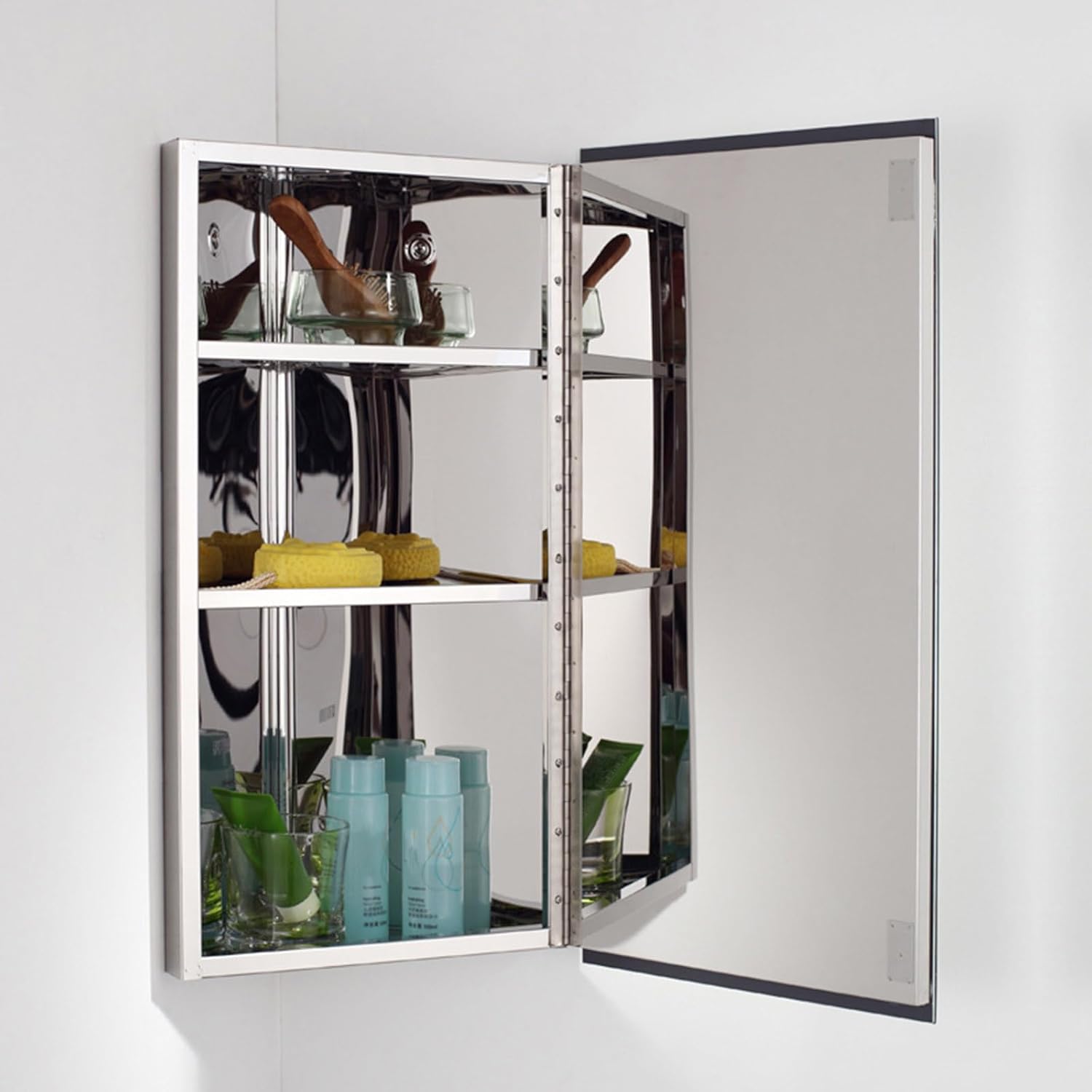 Generic 23.6 Inch Wall Mount Corner Medicine Cabinet with Mirror, Bathroom Wall Cabinet, Polished Stainless Steel, Hanging Triple Shelf Storage Cabinet - Left Open Mirror Door