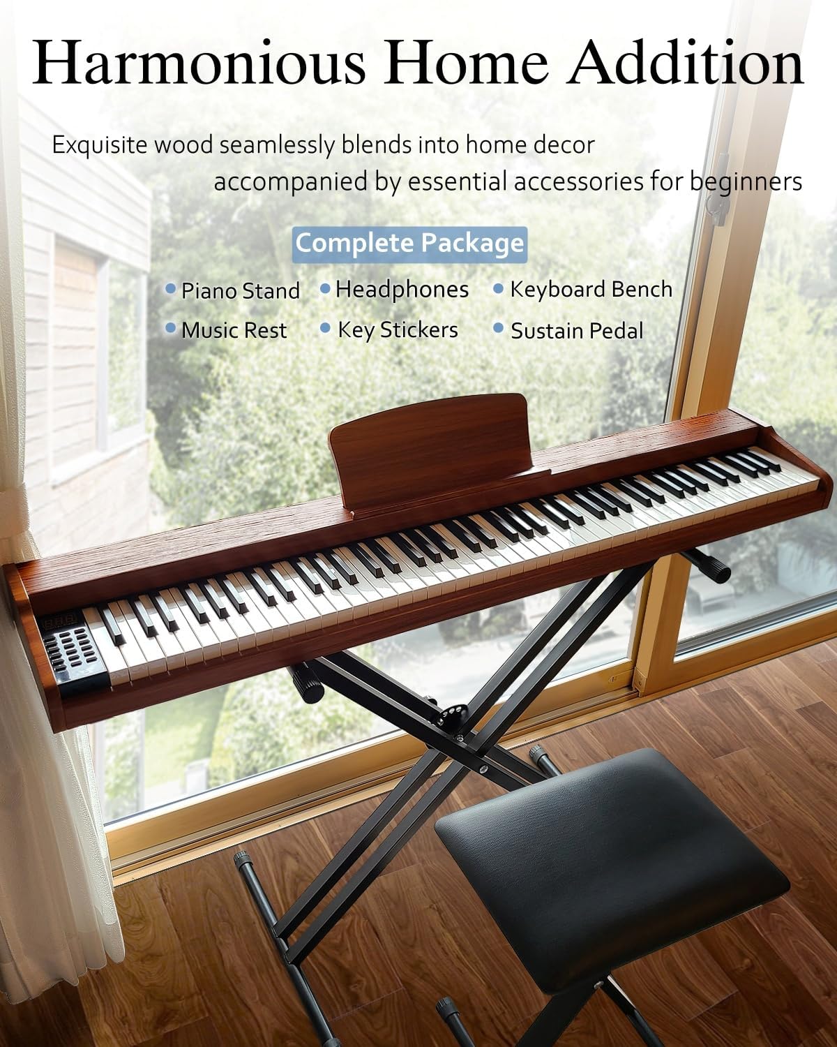 Longeye Piano Keyboard 88 Keys Wooden Electric Piano Semi Weighted Digital Piano Includes Piano Stand, Music Stand, Keyboard Bench, Headphones, MOLD2 Walnut