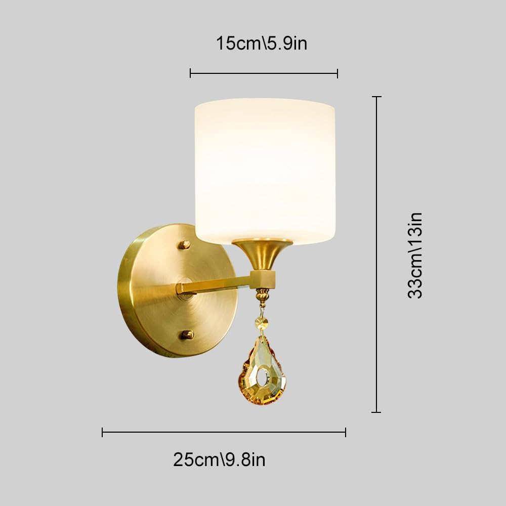 American Style Retro Wall Sconce, Glass Shade Wall Sconce Light with Crystal Pendant, Vintage Brass Indoor Wall Mount Light Fixtures for Living Room Bedroom Hallway Bathroom (Antique)