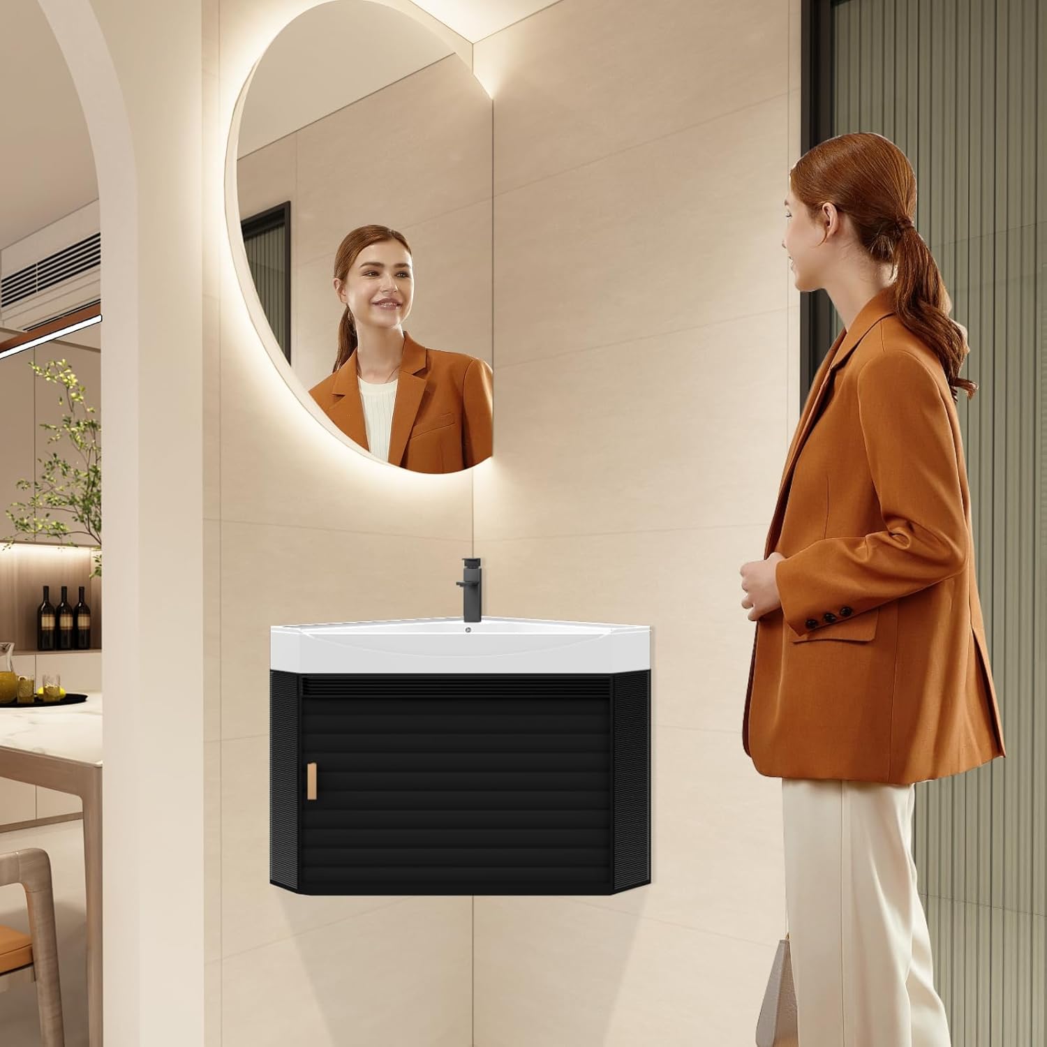 Corner Bathroom Vanity with Metal Cabinet, Modern Corner Bathroom Vanity, Wall Mount Small Utility Sink, Pedestal Sink Set with Drain, Console Sink(Black, 16.53in)