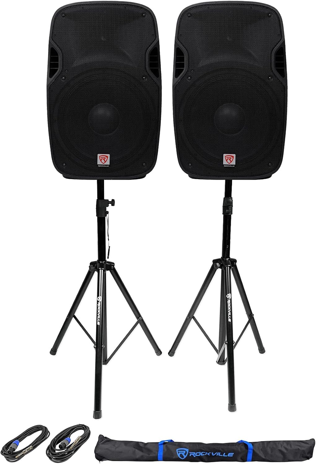 Rockville SPGN158 Bundle: (2) 15-in Passive 1600W Peak / 400W RMS 8-Ohm DJ PA Speakers, Pair Tripod Stands with Carry Bag + (2) 20 ft 1/4-Speakon Cables, 5-Items