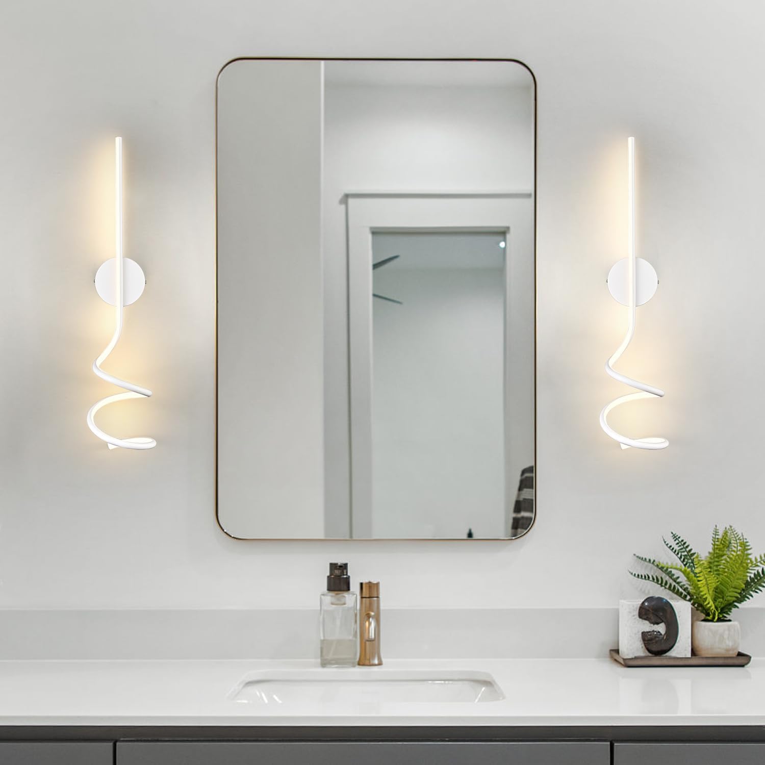 Wall Sconces Set of Two, White Modern Spiral LED Wall Light Fixtures, Hardwire Minimalist Indoor Wall Mount Lighting, Linear Sconces Wall Light Set of 2 for Living Room Bedroom Vanity Gallery Hallway