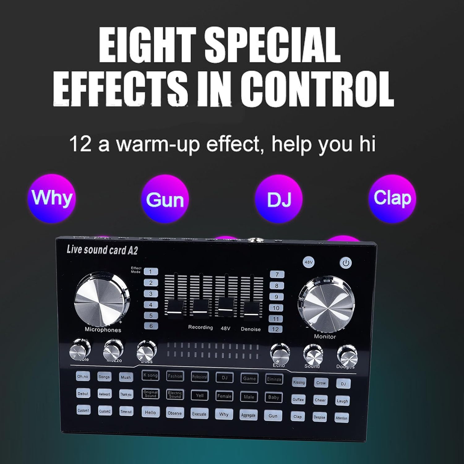 Live Sound Card, Professional Audio Mixer with Sound Effects & Voice Changer, Bluetooth 48V Phantom Power Audio Interface Sound Board for Podcast Recording, Live Streaming, Gaming