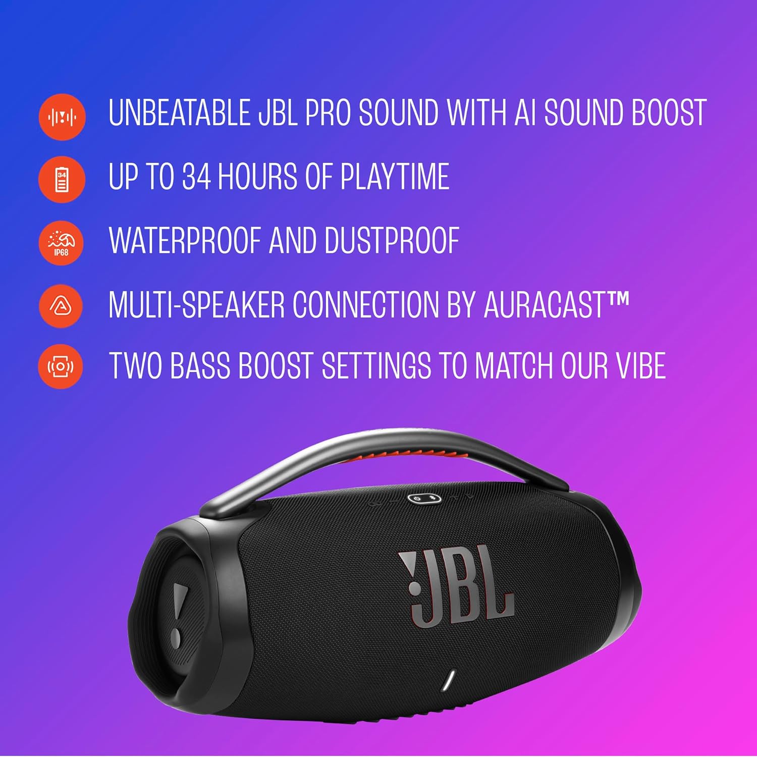 JBL Boombox 4 - Most Powerful Portable Waterproof Speaker with Massive Pro Sound, Up to 34 Hours of Playtime, & Multi-Speaker Connection by Auracast™ (Black)