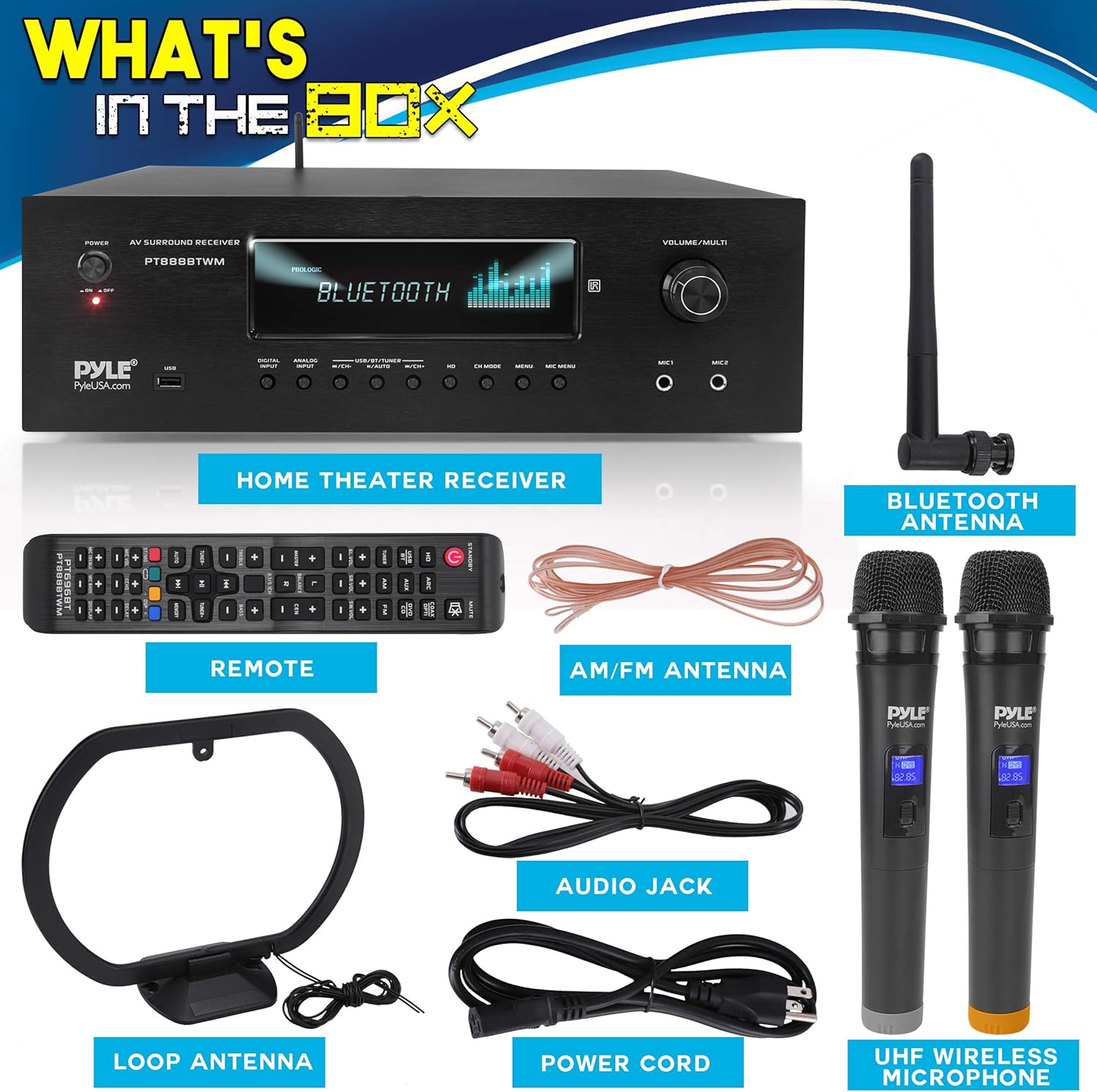 Pyle 1000W Bluetooth Home Theater Karaoke Receiver - 5.2-Ch Stereo Amplifier 2 UHF Wireless Microphone Video Pass-Through Supports, MP3/USB/HDMI/AM/FM Radio - Pyle PT888BTWM.5