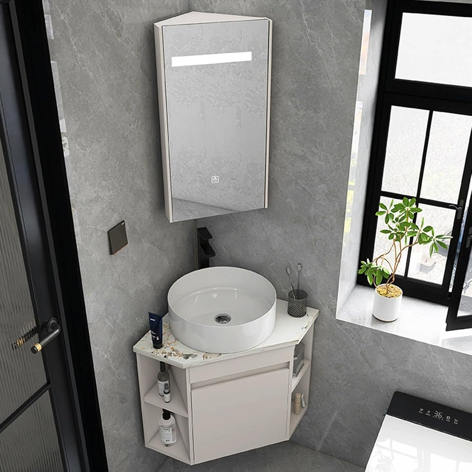 Corner Bathroom Sink, Corner Bathroom Vanity with Mirror Cabinet, Wall Mount Ceramic Vanity Sink, Floating Wash Basin with Sink Cabinet(15inchx38cm)