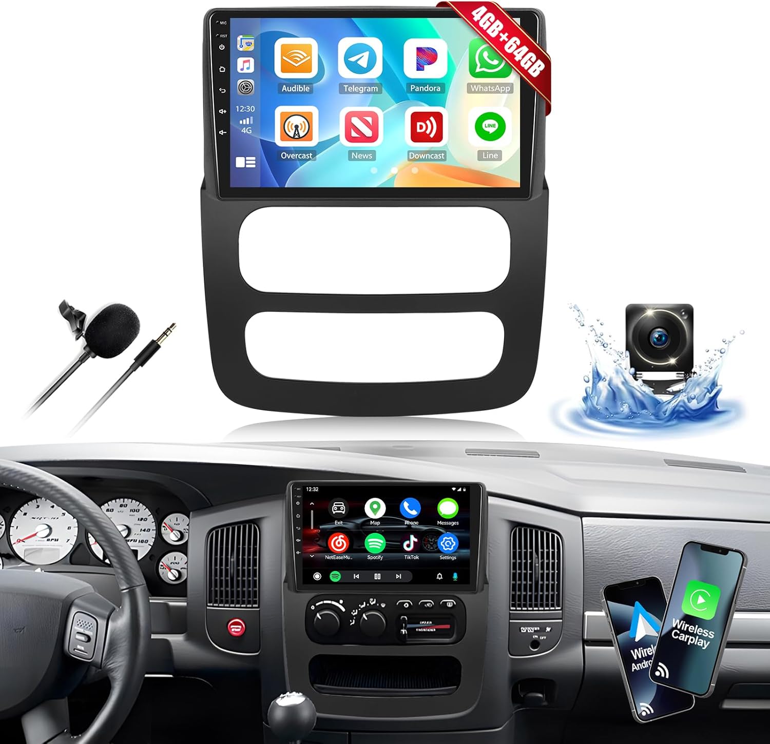 4G+64G Car Stereo Radio for 2002 2003 2004 2005 Dodge RAM 1500 2500 3500 with Wireless CarPlay Android Auto Android 15 Head Unit 9