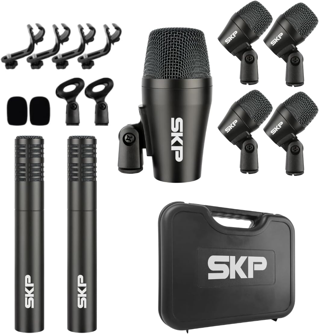 SKP Pro Audio Drum 7 Professional Drum Microphone Kit 7 PCS Complete Set Metal with Kick, Snare, Tom and Overhead Dynamic Mics, Rim Clamps, Windscreens and Hardshell Case, Studio Recording Live Stage