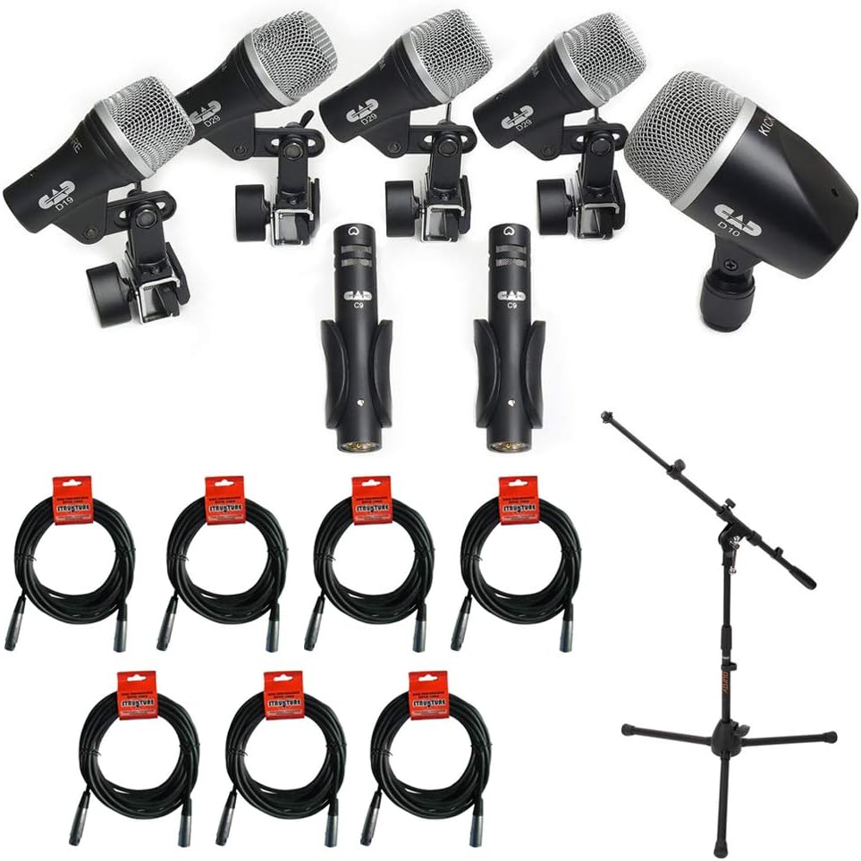 CAD Stage 7 Drum Microphone Pack with Short Tripod Microphone Stand & 7 x XLR Cable Bundle