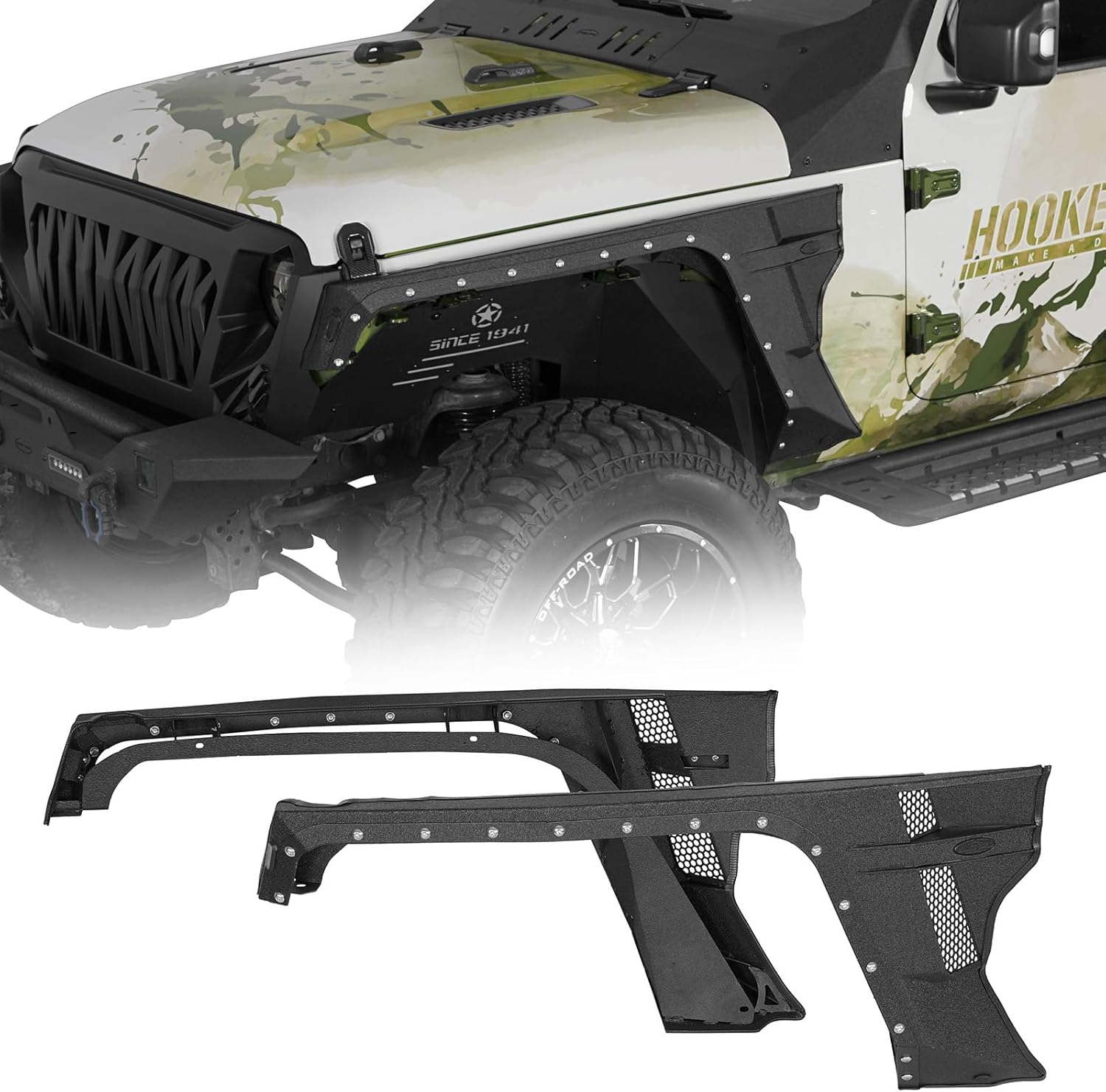 Hooke Road JL/JT Armor Style Front Fender Flares w/LED Turn Signal Lights for 2018-2026 Jeep Wrangler JL & Gladiator JT 2/4 Door