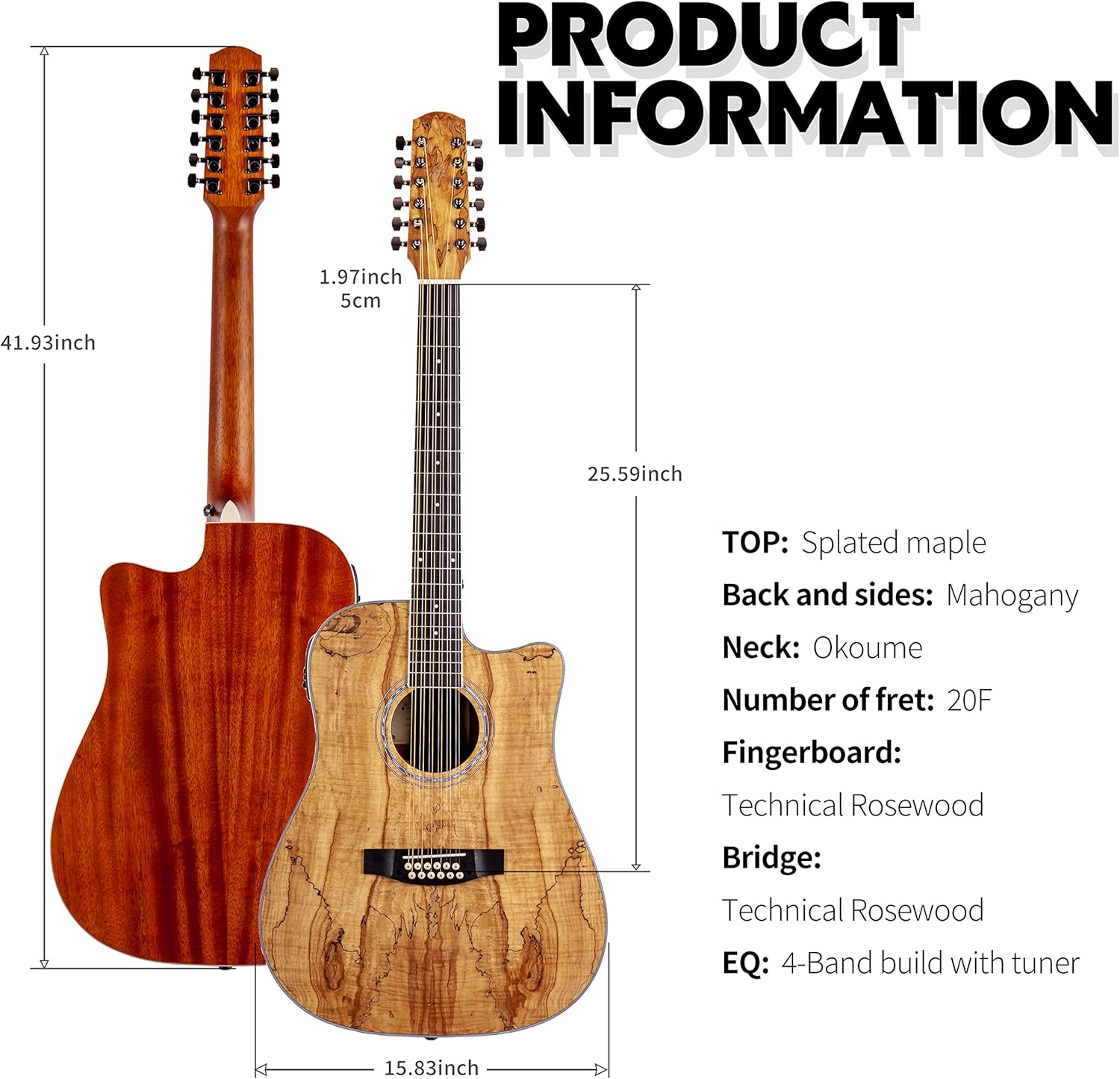 TARIO 12 Strings Acoustic Electric Cutaway Guitar Spalted maple Top Mahogany back & sides Okoume Neck