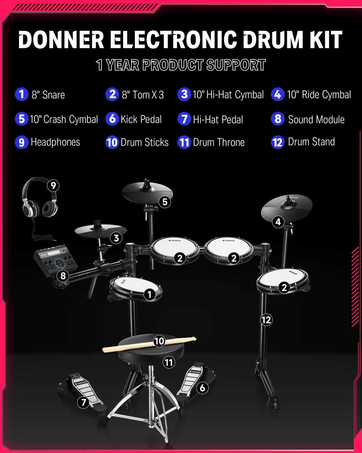 Electric Drums, Donner DED-200 LITE Electronic Drum Kit for Beginner with 450+ Sounds, USB MIDI, Quiet Mesh Pads, Throne, Headphones, Sticks and 40 Melodics Lessons