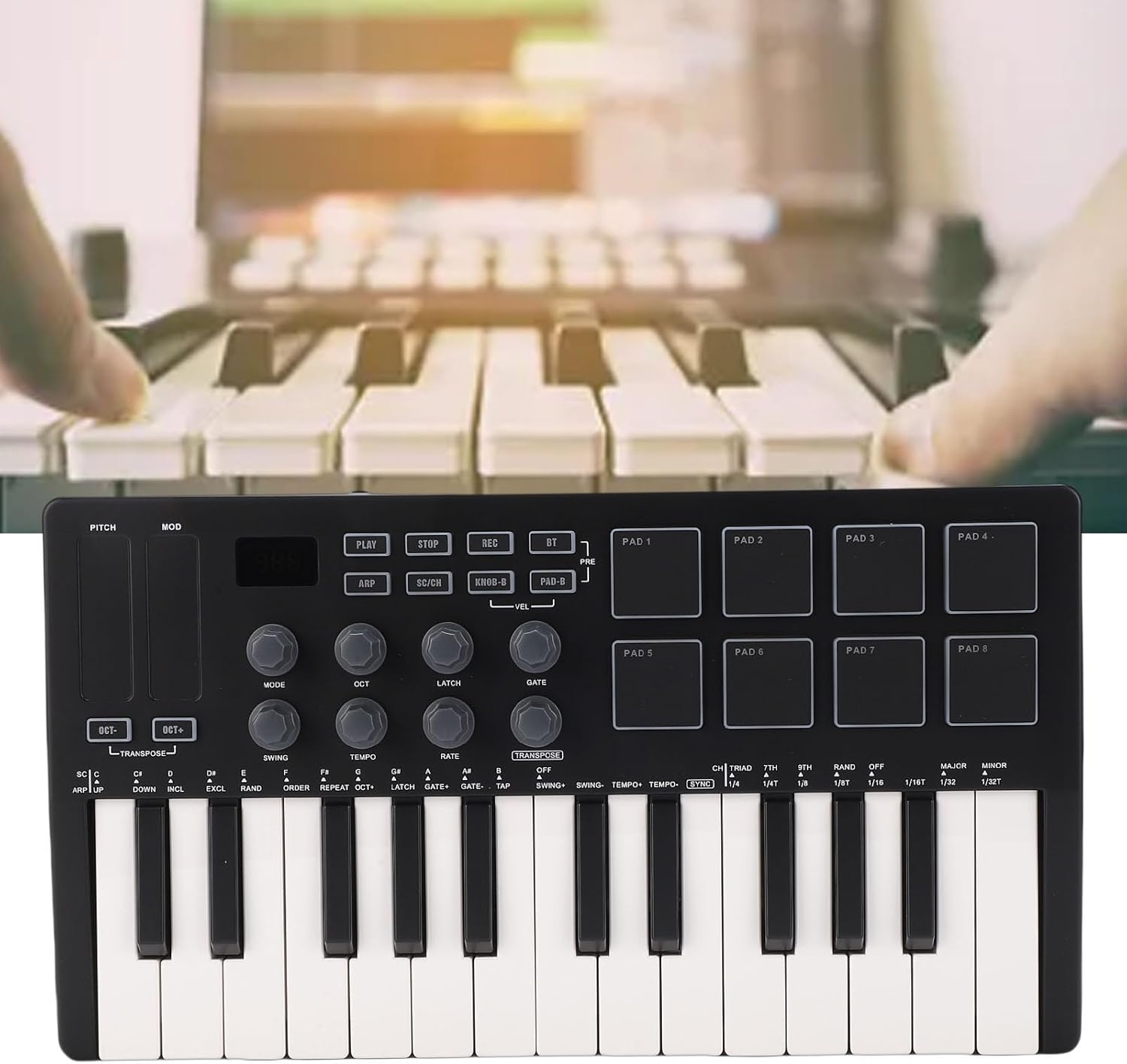 Eujgoov Portable 25 Key MIDI Controller Bluetooth USB 8 Knobs Semi Weighted with Production Software Black for Music Production