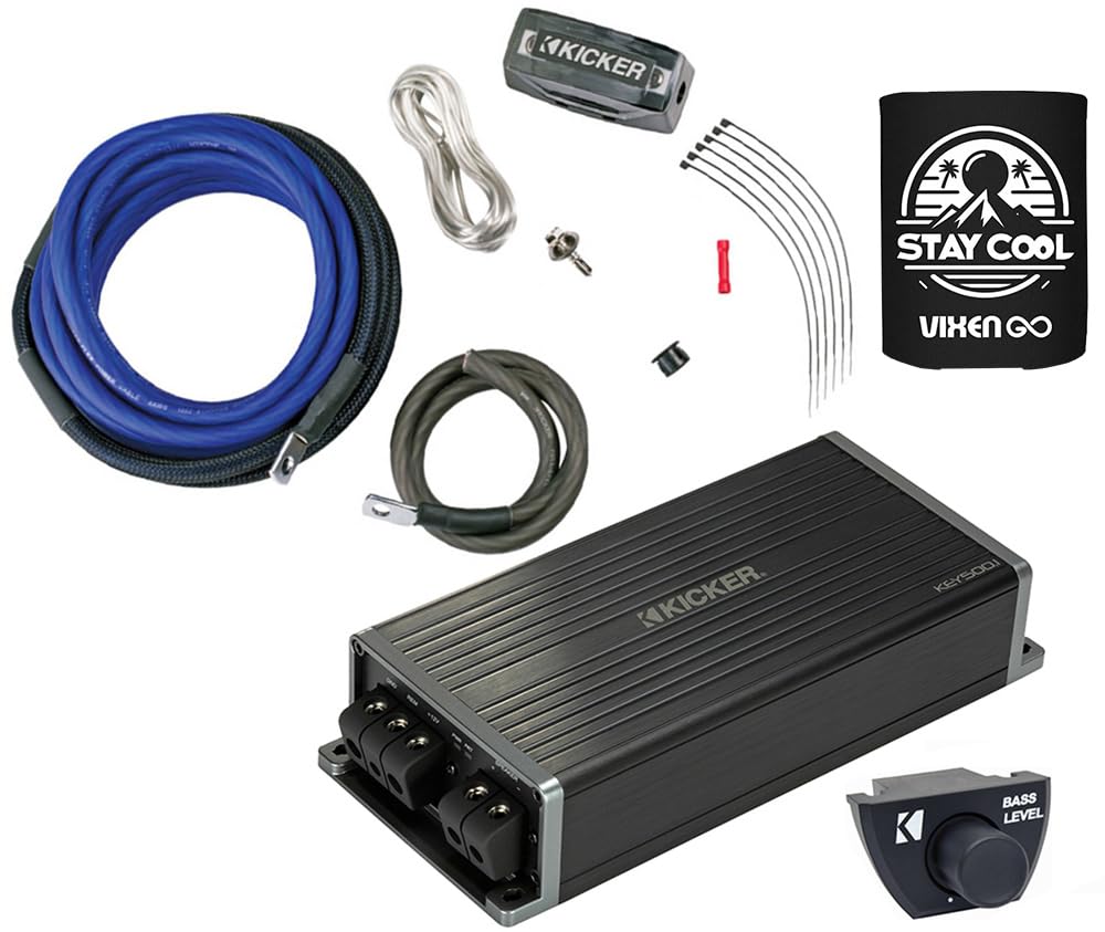KICKER Amplifier, Remote and Amp Kit Package of 3 Items: 500W Mono Amplifier with Dash-Mount Remote Bass Control and 8AWG Power Wiring Kit