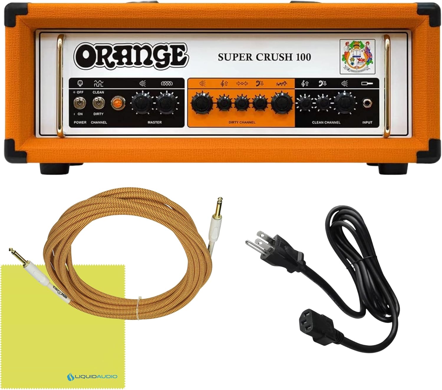 Orange SUPER-CRUSH-100-H Super Crush 100W Guitar Amplifier Head Bundle w/Pig Hog 10' Orange Creme 2.0 Guitar Bass Cable, Power Cable & Liquid Audio Polishing Cloth