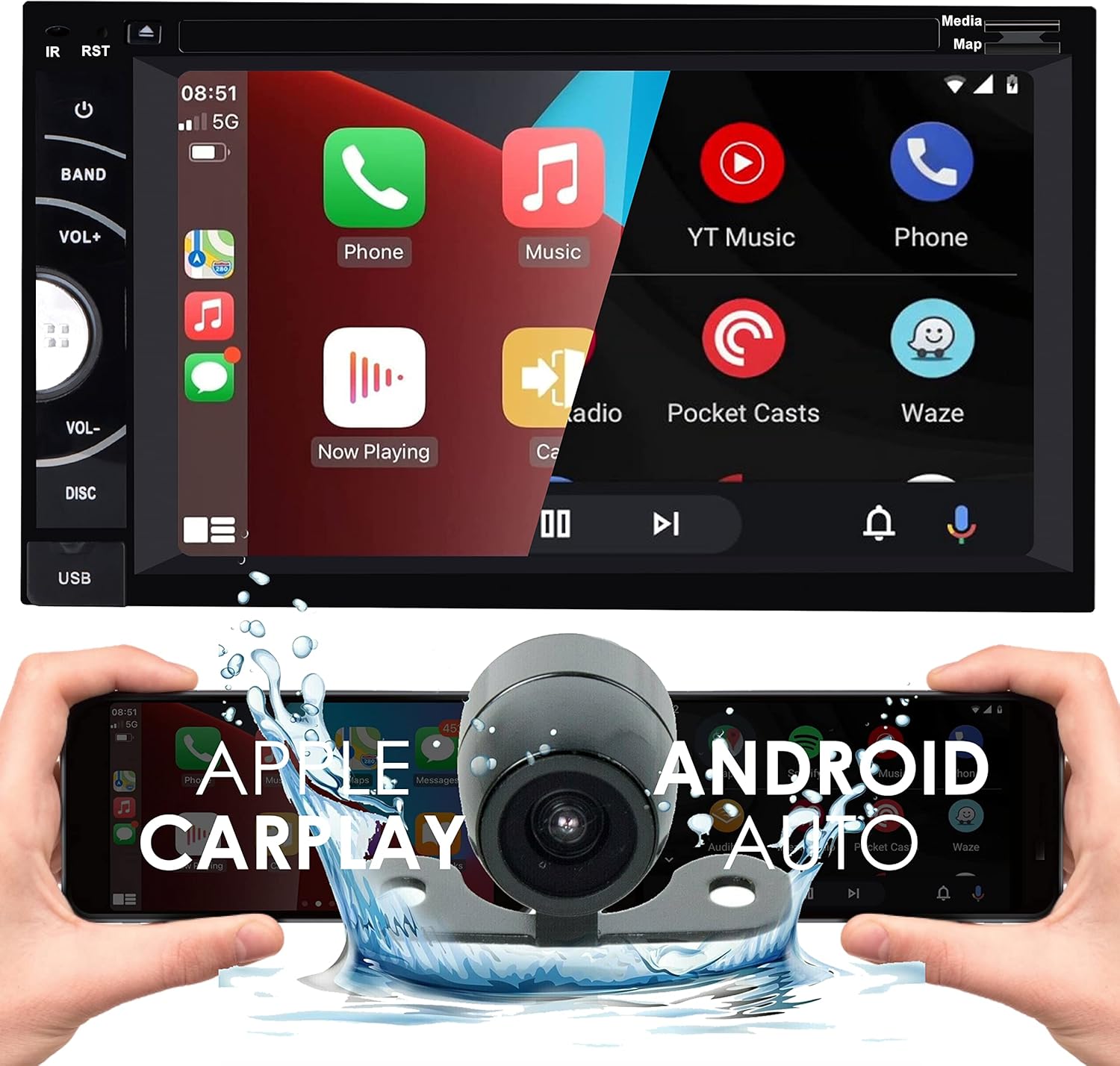 Gravity D96CP HiFi Audio Processor 6.5 Inch 1080P Touch Screen Navigation Car Stereo Work with DVD, CD, Apple CarPlay, Android Auto, Bluetooth, Mirrorlink, USB with HD Backup Camera PK1 Bundle