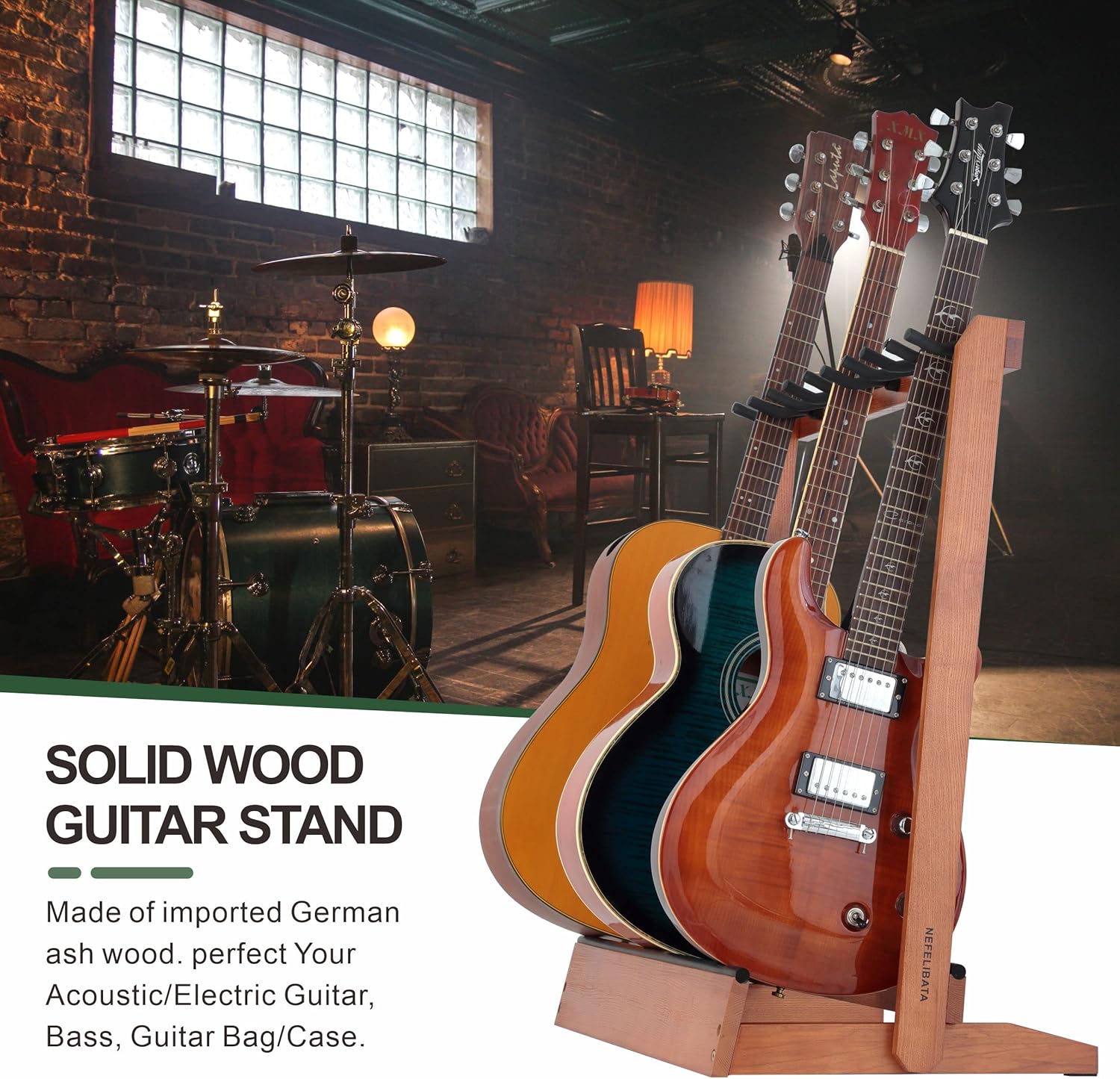 Nefelibata Multiple Guitar Stand 5 Holders Wooden Guitar Stands Floor Rack for Guitars and Case,Electric,Acoustic Guitar, Bass, Cello-German Ash wood
