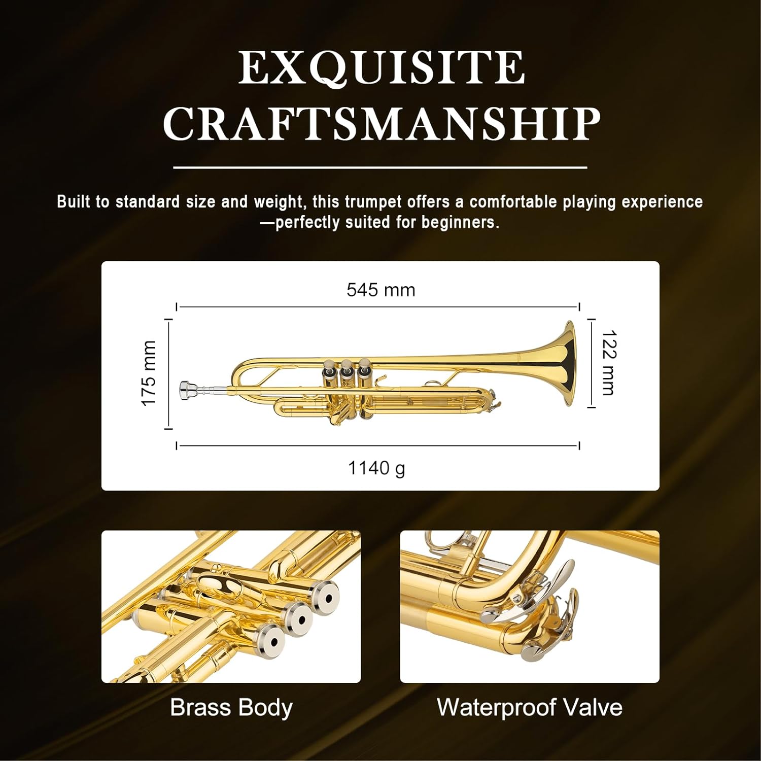 SONICAKE Bb Standard Trumpet, Student Trumpet Set for Beginner, Brass Trumpet Instrument with Hard Case, Cleaning Kit, 7C Mouthpiece and Gloves, Ideal Gift for School Band Orchestra, QTP-01, Golden