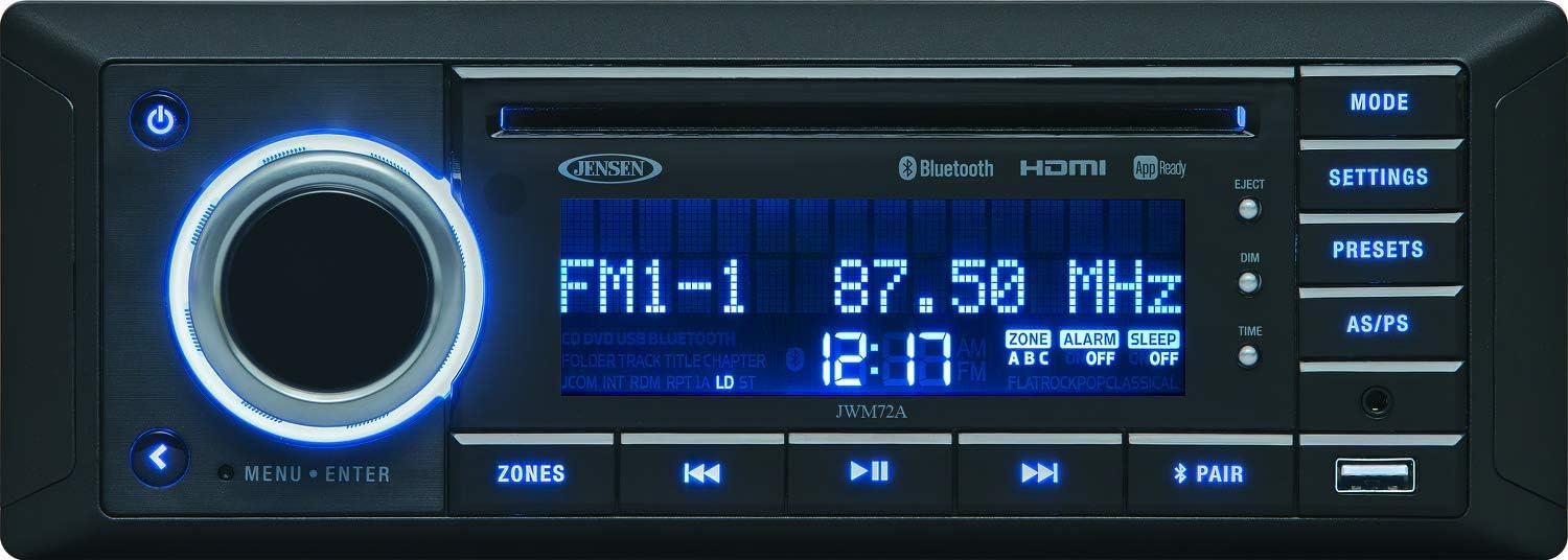 Jensen JWM72A 3-Speaker Zones Slimline DVD|USB|AUX|HDMI|App Ready Bluetooth Wallmount Stereo, Speaker Output 8X 6 Watt, Plays: CD/CD-R/CD-RW/DVD/DVD+R/DVD+RW/DVD-R/DVD-RW/MP3/WMA/JPEG (Renewed)