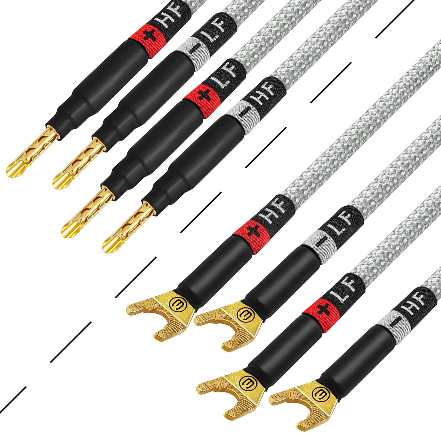 WORLDS BEST CABLES 6 Foot Ultimate - 12 AWG - Ultra-Pure OFC - Premium Audiophile HiFi Bi-Amp Speaker Cable Pair with Eminence Gold Banana (x4) & Spade (x4) Plugs & Silver Tweed Jacket