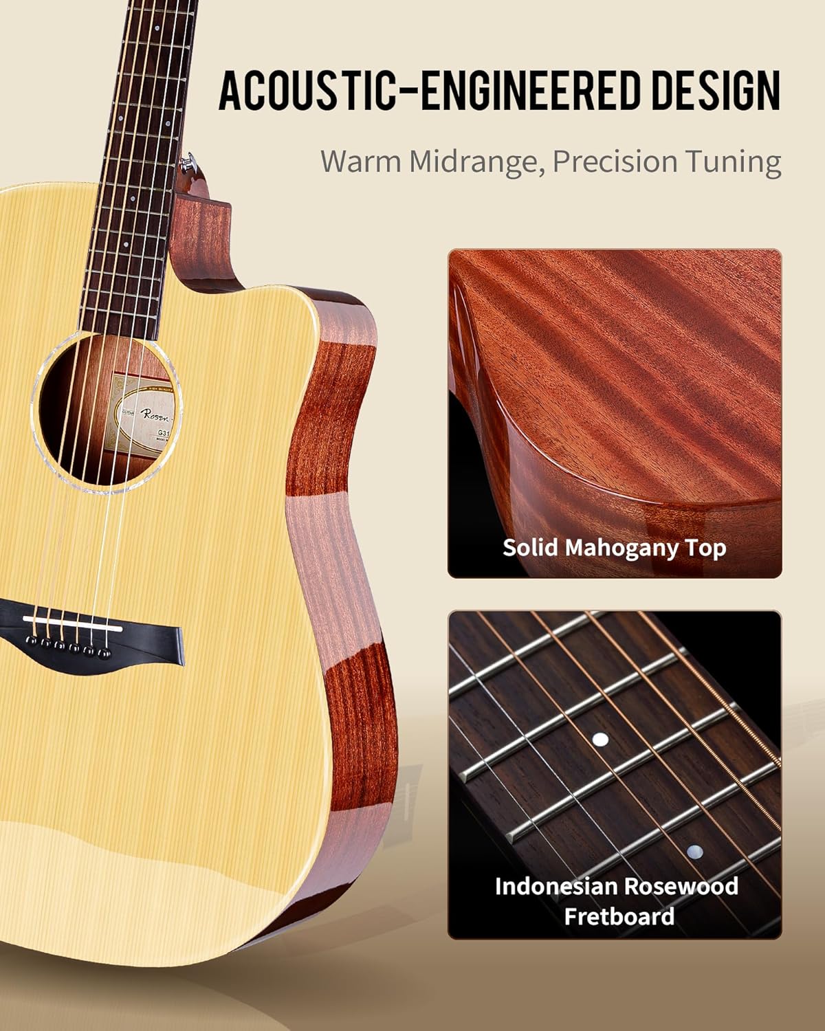 Rosen G31 Dreadnought Acoustic Guitar Soild Spruce Top 41 Inch Guitarra Full Size Cutaway with Gloss Finish Bundle Starter Kit with Gig Bag, Strings, Strap, and Picks