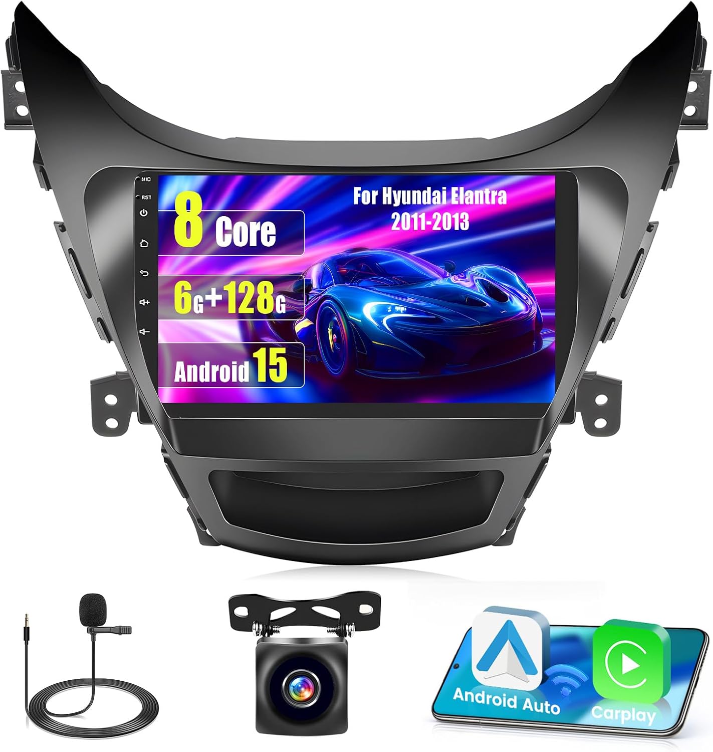 [8Core 6G+128G] Android 15 Car Radio for Hyundai Elantra 2011-2013 with Wireless Carplay Android Auto, 9 Inch HD Touchscreen Car Stereo with WiFi GPS Bluetooth5.0 FM/RDS 32EQ SWC