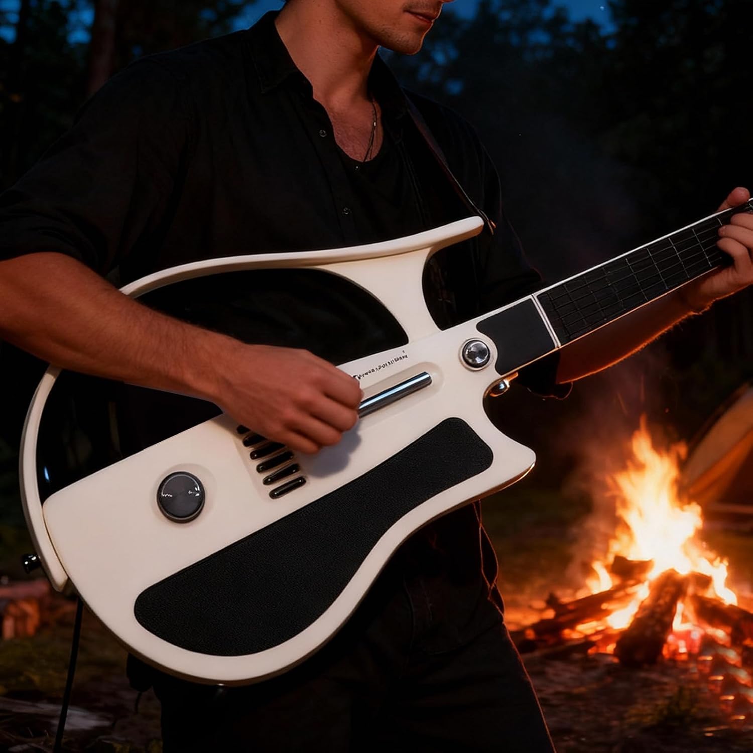 Keenso Travel Guitar, Foldable Stringless Guitar Portable Electric Guitar with APP Connection Built in Tuner and LED Chord Guidance, for Beginners Travel Practice