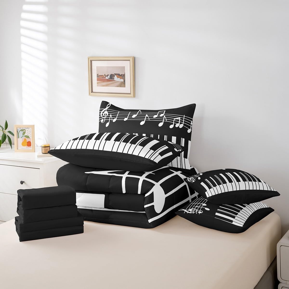 Castle Fairy Music Theme Queen 7 Pcs Bedding Sets Black White Piano Keyboard Comforter Set for Kids Teens Adults All Season (Comforter Flat Sheet Fitted Sheet 2 Pillowcases 2 Throw Pillow Covers)