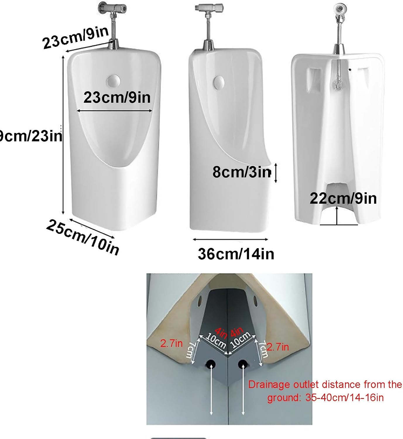 Corner Wall Mount Urinal for Men Bathroom Toilet Garage Urinal Porcelain Urinals Push Type Flush Urine Diverter(White)