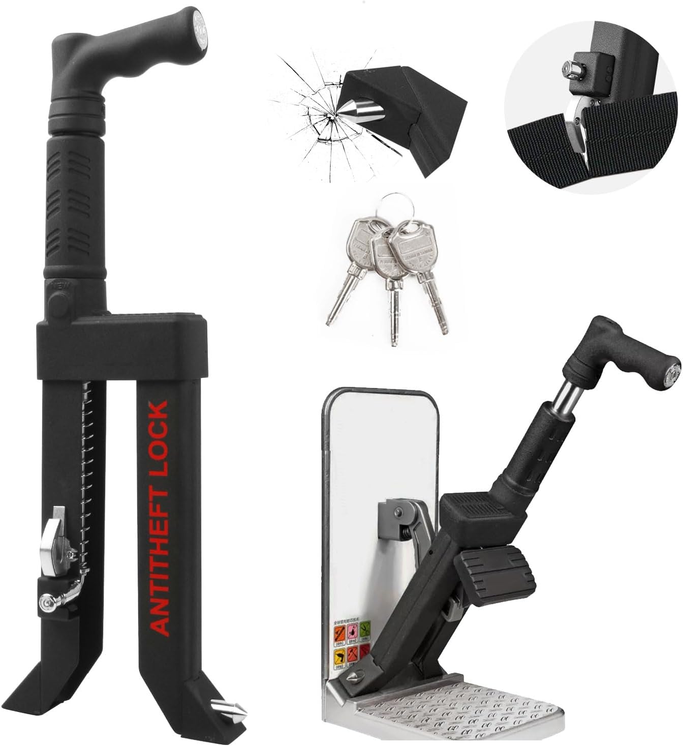 Brake Pedal Lock, Anti Theft Car Device Brake Clutch Lock, Universal Car Security Anti Theft Protection for Car/Auto/Mini SUVs/Sedans, with Escape Hammer Window Breaker and 3 Keys(V35)