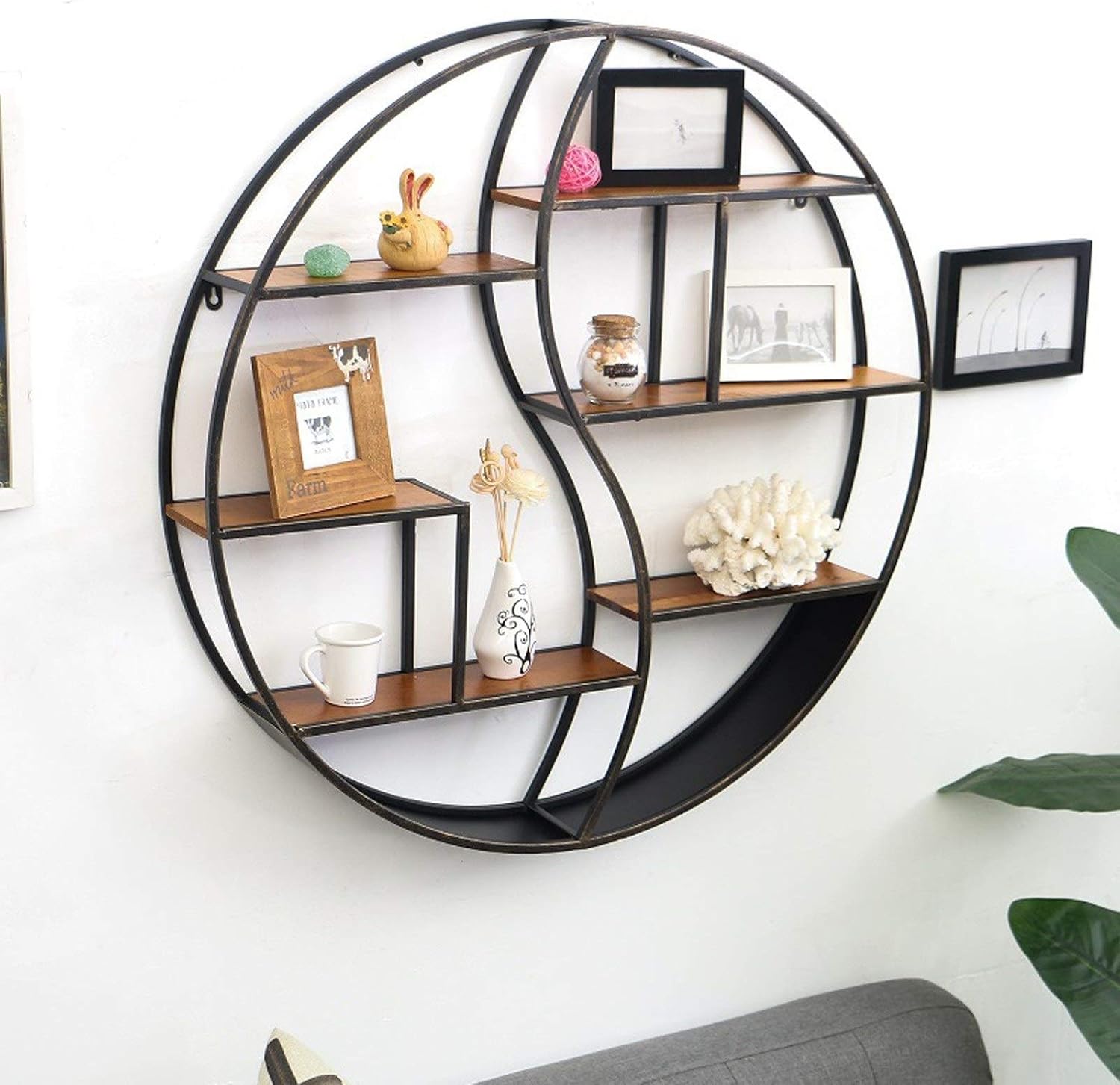 Wall Shelves Wall Shelves80CM Round Wooden Shelves Mounted Shelf, Modern Rustic Wall Rack, Metal Wall Mount for Bedroom, Bathroom, Living Room, Kitchen, Study, Laundry Room Floatin