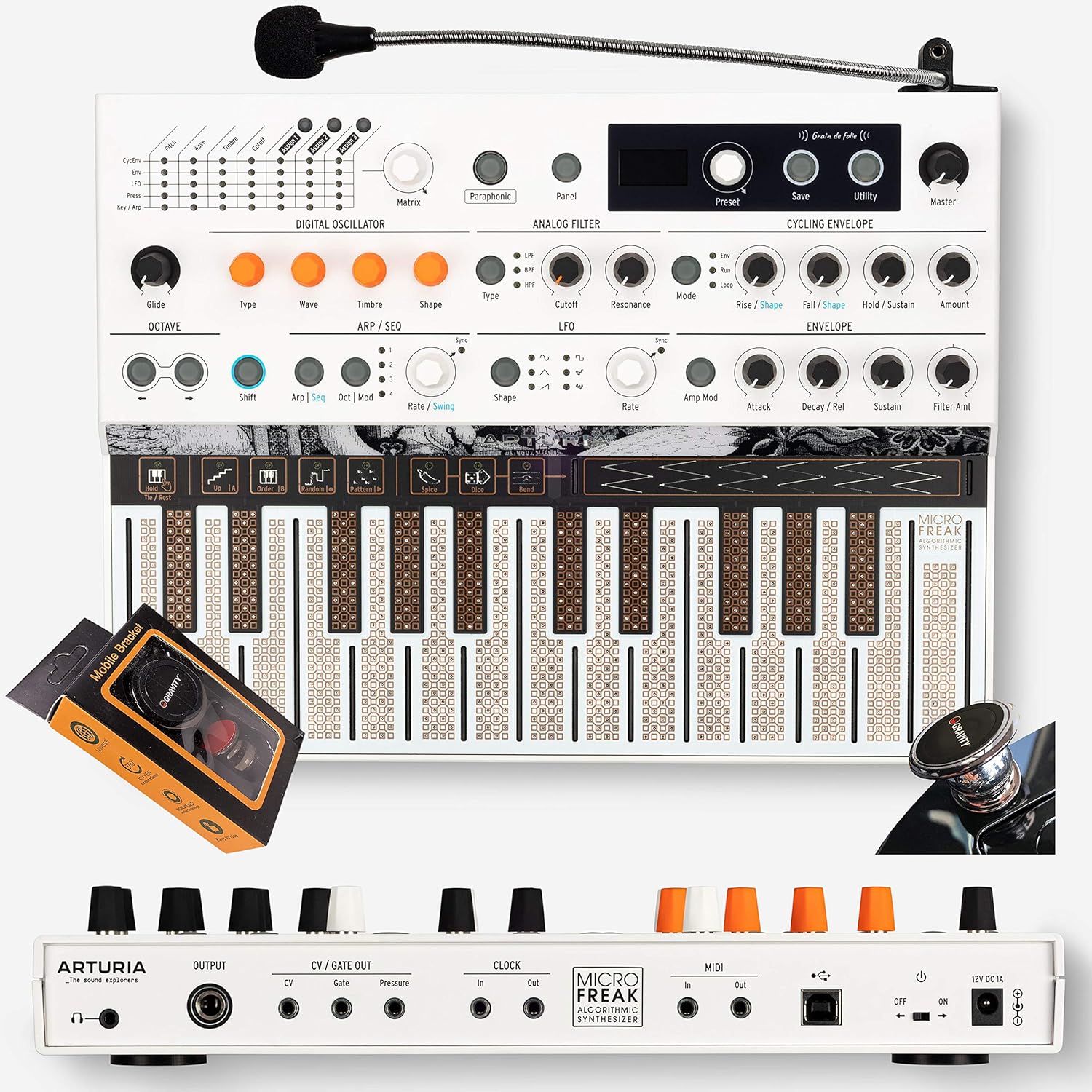 Arturia MicroFreak Vocoder Edition Hybrid Synthesizer 25-key Paraphonic Hybrid Hardware Synth and Vocoder with Poly-aftertouch Flat Keyboard and Gravity Phone Holder Bundle