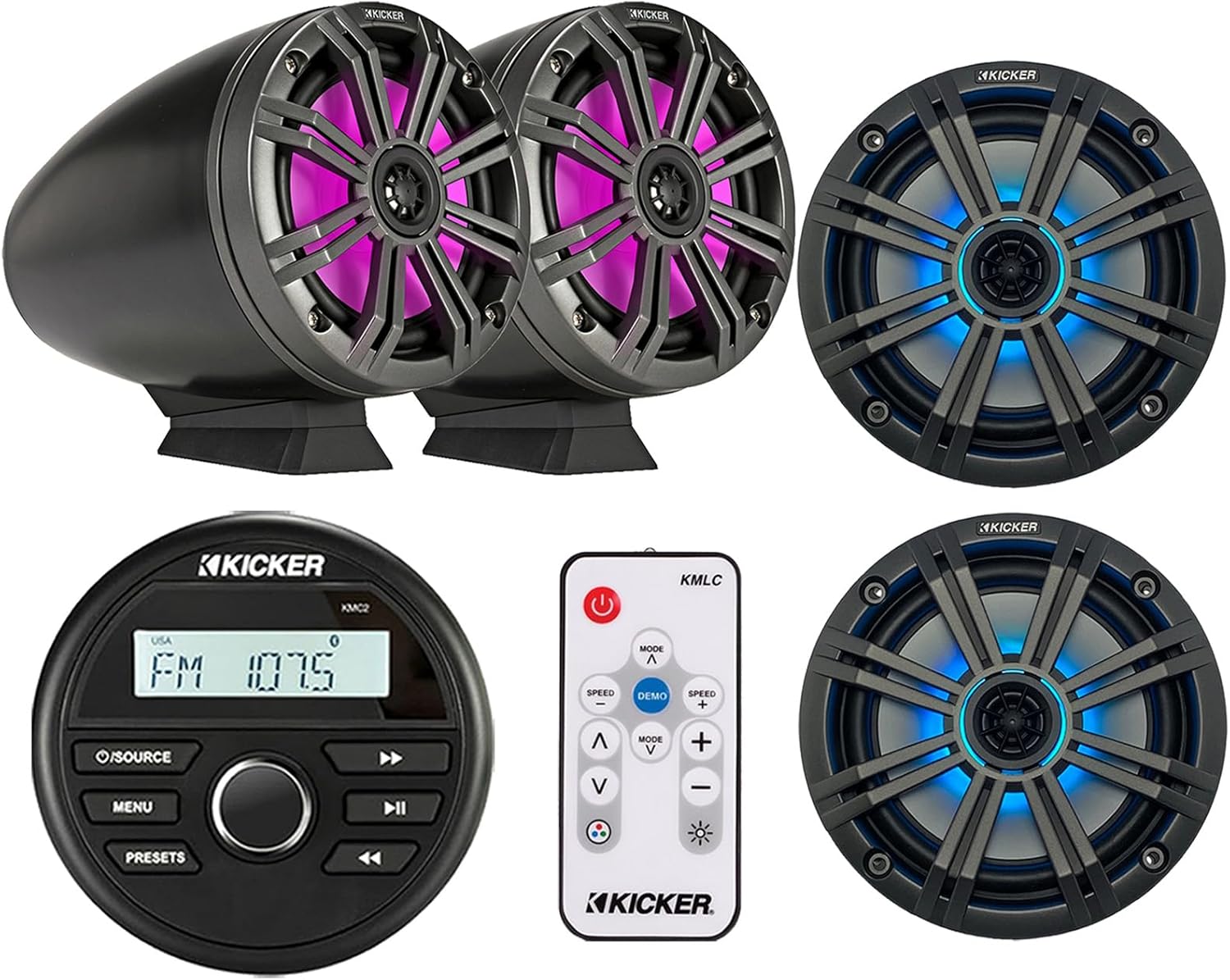 KICKER All-Weather Gauge Style Bluetooth Media Center Receiver, 2X 6.5 195W Max Black Marine Multicolor LED Loaded Tower Speakers, 2X 6.5 OEM Replacement Charcoal LED Boat Speakers, LED Remote