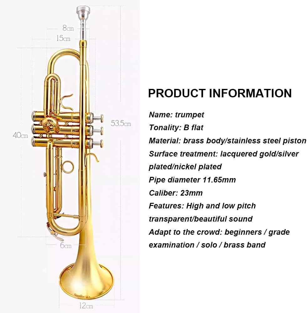 Lacquer Gold B-Flat Trumpet, Brass Beginner Wind Instruments for Adults, Western Instruments, Festival Band Celebration Instruments