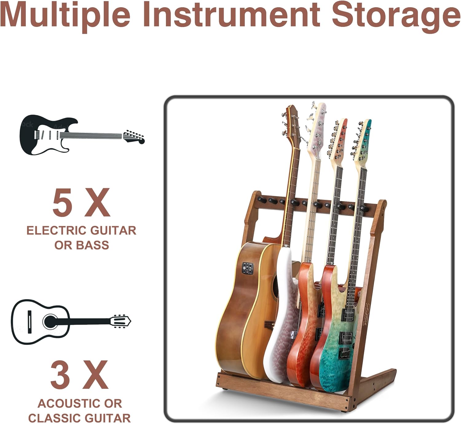 Guitar Stand for Multiple Guitars,Multi Wood Guitar Rack for 3 Acoustic Guitar, 5 Electric or Bass,15mm-thick wooden plank